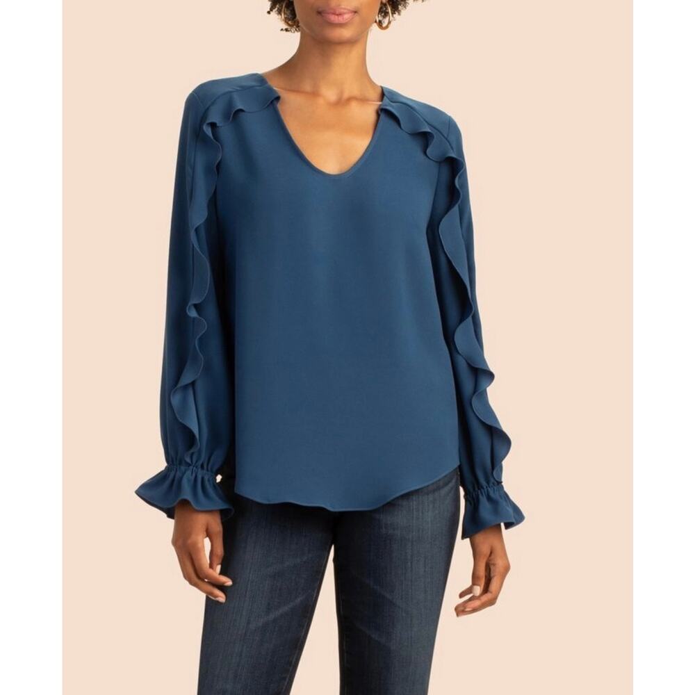Trina Turk Owl Ruffle Sleeve Long Sleeve Blouse Blue Sz XS | Preppy Office Flowy